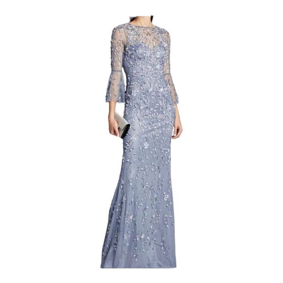 Theia Flounce Sleeve 3-D Embroidered and Beaded  Dusty Blue Gown Size 2 - Picture 4 of 14